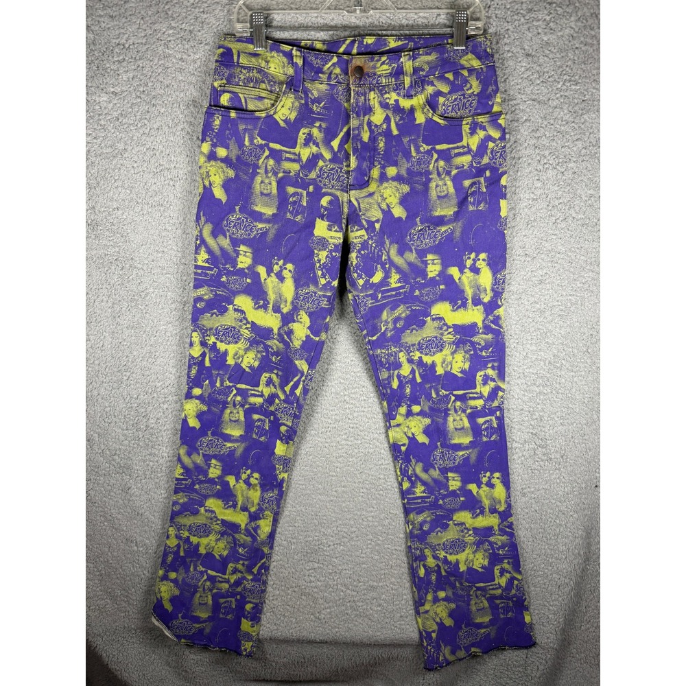 Lip Service Vintage Mens Purple Neon Yellow Graphic Print Jeans Size 32 Made USA